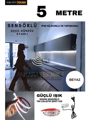 Ankara Teknik Hareket Sensörlü 220 Volt Silikonlu Beyaz Renk Şerit LED (120 Ledli) / Tak Çalıştır / 5 Metre