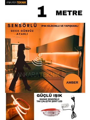 Hareket Sensörlü 220 Volt Silikonlu Amber Renk Şerit Led (120 Ledli) / Tak Çalıştır / 1 Metre