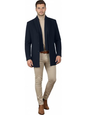 Deepsea Lacivert Regular Fit Yakası Çıkabilen Triko Yaka Erkek Kaşe Kaban – Düğmeli • Tek Yırtmaç – 2407000