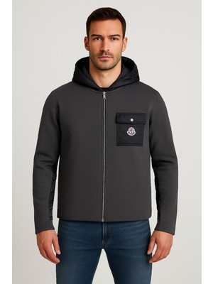 Chordi Erkek Sırt ve Kol Örme ve Kol Yamalı Yağmurluk Kapüşonlu Yüksek Kaliteli Mont Kaban