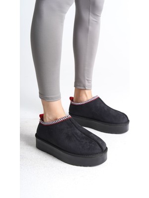 Mk Bağcıksız Düz ve Kalın Taban Içi Kürklü Kısa Süet Kadın Bot Sst - Siyah