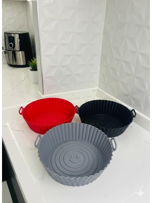 Yakut Yanmaz Yapışmaz Yıkanabilir Yuvarlak Silikon Kulplu Airfryer Kalıbı 3 Adet
