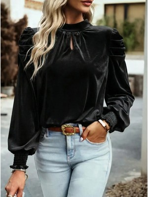 Gökyüzü Moda Kadın Uzun Kollu Balıkçı Yaka Damla Detaylı Kadife Bluz