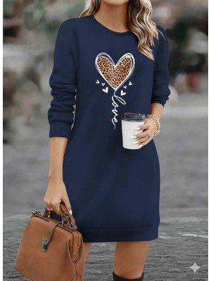 Bosel Kadın Uzun Kollu Bisiklet Yaka Kalp Desenli Kısa Viskon Elbise