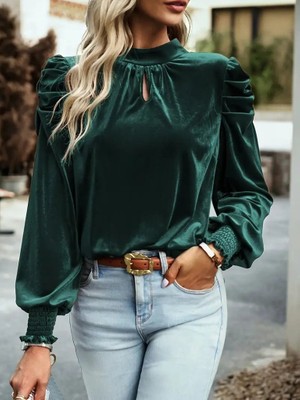 Nidam Butik Kadın Uzun Kollu Balıkçı Yaka Damla Detaylı Kadife Bluz