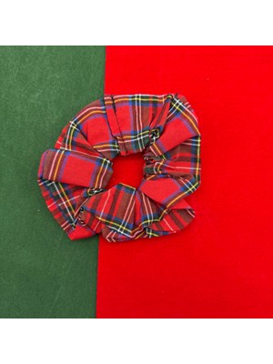 Mare Accessories Kırmızı Ekoseli Yılbaşı Kumaş Toka, Modern Scrunchie