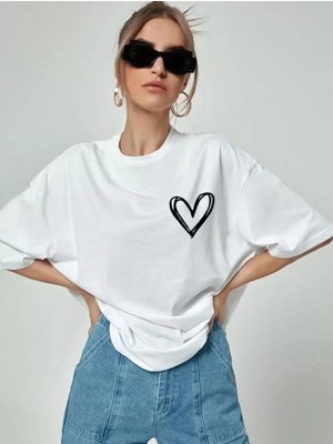 Cottonlab Bisiklet Yaka Baskılı Oversize T-Shirt - Beyaz