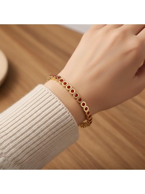 BURADABULDUN Kadın 14K Kaplama Gold Kırmızı Taşlı Çelik Lastik Bileklik