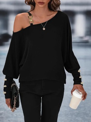 Gökyüzü Moda Kadın Uzun Kollu Tek Omuzdan Açık Askı Detaylı Waffle Bluz