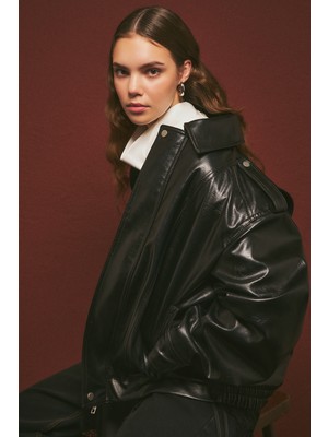 Manuka Retro Tarz Oversıze Deri Ceket Siyah