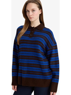 DeFacto Loose Fit Polo Yaka Çizgili Triko Kazak Tunik G7240AX25CW