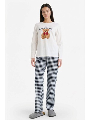 DeFacto Pijama Takımı Regular Fit Ayıcık Baskılı Uzun Kollu Üst Kareli Uzun Alt G2169AX26SP