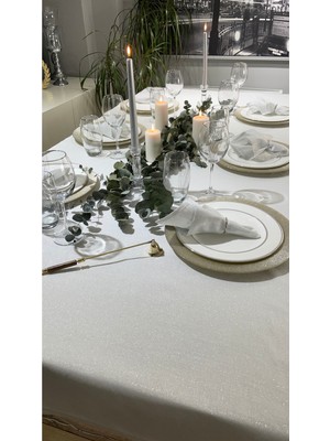 Decamor Home Keten Dokulu Gümüş Simli Beyaz Masa Örtüsü (Peçete Dahil Değil )