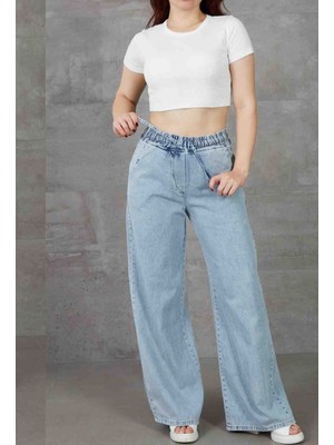  kadın beli lastikli rahat kesim kot pantolon