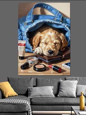 Tablomega Çantada Duran Yavru Köpek Dekoratif Kanvas - Mdf Ahşap Tablo