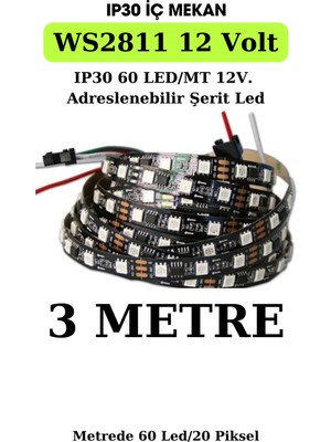 WS2811 IP30 Adreslenebilir Argb Piksel Şerit LED / 12VOLT