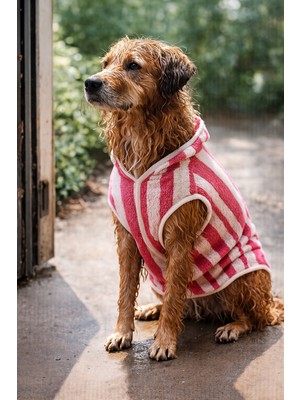 Zendog Zen Dog Çizgili Mikrofiber Köpek Kurulama Havlusu – Emici, Kapüşonlu Köpek Bornozu / Havlu Yelek (Pembe-Beyaz)