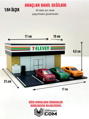 3dpazarıcom 3D Baskı 1/64 Ölçekli 7 Eleven Bina Tasarımlı Diorama Araç Sergileme Garajı