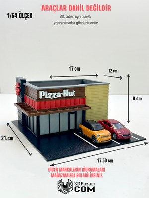 3dpazarıcom 3D Baskı 1/64 Ölçekli Pizza Hut Bina Tasarımlı Diorama Araç Sergileme Garajı
