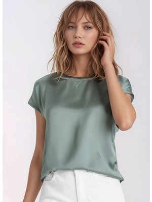 Mamayaga Kadın Bisiklet Yaka Saten Viskon Kısa Kol Spor Şık Bluz