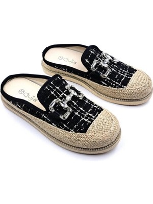 Bags Shoes Guja 24K308 Kadın Jüt Hasır Garnili Taşlı Ekose Desenli Önü Kapalı Terlik