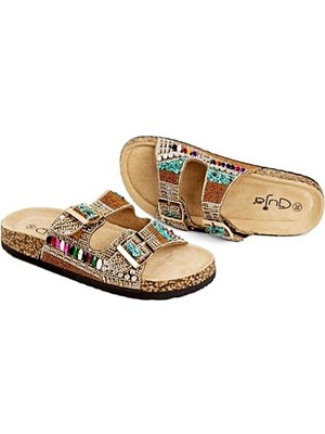 Bags Shoes Guja 25Y102-2 Kadın Mantar Taban Çift Bant Taşlı Premium Terlik