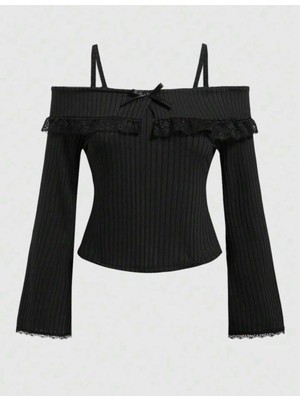 İsra Ayyıldız Moonstar Collection Coquette Lolita Madonna Yaka Askılı Dantelli Kurdeleli Tam Boy Siyah Gotic Bluz