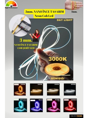 3mm. Nano Ince Neon Cob Şerit LED 3000K/ Ince Tasarım/ 5 Metre Rulo /1 Metrede 384 LED Bright Chip