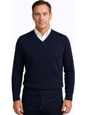 BURSPA Kışlık V Yaka Ince Yün Lacivert Baba Kazak