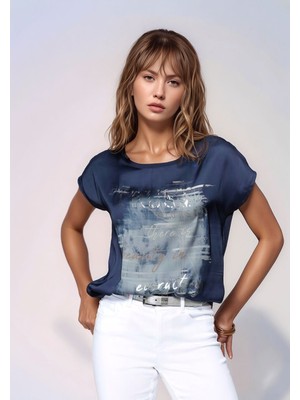 Mamayaga Kadın Bisiklet Yaka Saten Viskon Kısa Kol Spor Şık Desenli Bluz