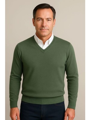 BURSPA Kışlık V Yaka Ince Yün Haki Baba Kazak