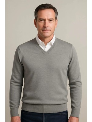 BURSPA Kışlık V Yaka Ince Yün Açık Gri Baba Kazak