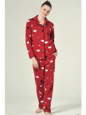Pijapia Kırmızı Cotton Düğmeli Yaka Bulut Desenli Kadın Pijama Takımı