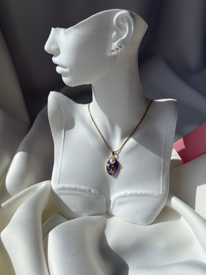 NB Steelora Çelik Gold Renk Mor Mineli Oval Inci ve Çiçek Detaylı Kadın Kolye