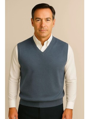 BURSPA Kışlık V Yaka Düz Ince Yün Mavi Baba Süveter