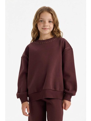 DeFacto Kız Çocuk Overshirt Fit Taşlı İçi Yumuşak Tüylü Sweatshirt G6262A825WN