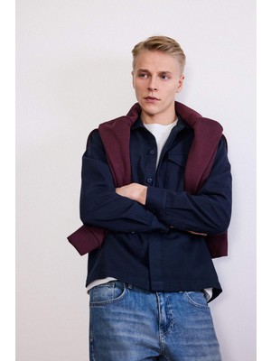 DeFacto  Pamuk Boxy Fit Gömlek Lacivert Erkek Günlük Stil Uzun Kol