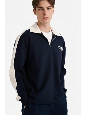 DeFacto Boxy Fit Polo Yaka Yarım Fermuarlı Baskılı Sweatshirt G6474AX25WN