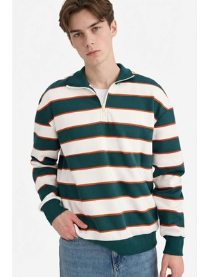 DeFacto Boxy Fit Dik Yaka Yarım Fermuarlı Çizgili Sweatshirt G5021AX25WN