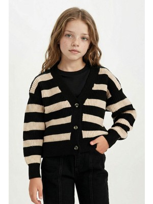 DeFacto Kız Çocuk V Yaka Çizgili Düğmeli Triko Hırka B3484A824WN