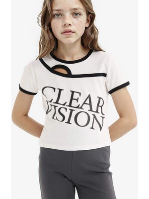 DeFacto Slim Fit Dar Kesim Bisiklet Yaka Baskılı Fitilli Kaşkorse Kısa Kollu Tişört Kız Çocuk E1878A825SM