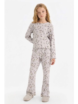 DeFacto Kız Çocuk Hello Kitty Pijama Takımı Wide Leg Fitilli Kaşkorse Uzun Kollu Üst Uzun Alt G3156A825WN