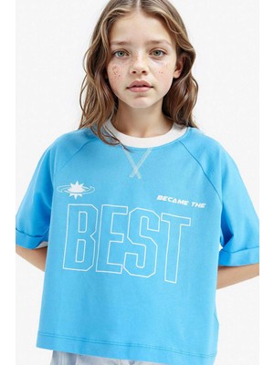 DeFacto Boxy Fit Bisiklet Yaka Baskılı Kısa Kollu Tişört Kız Çocuk E1896A825SM