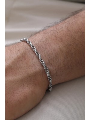 Ayno Gümüş Renk Halat Desen Erkek Çelik Bileklik