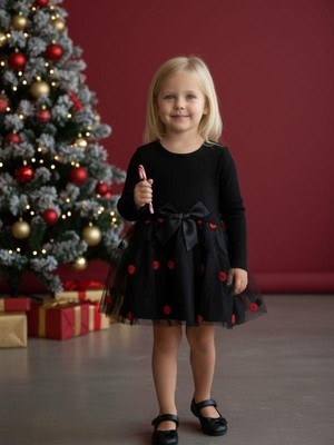 Zekids Kız Çocuk Pamuklu Çiçek Işlemeli Tütülü Uzun Kollu Elbise