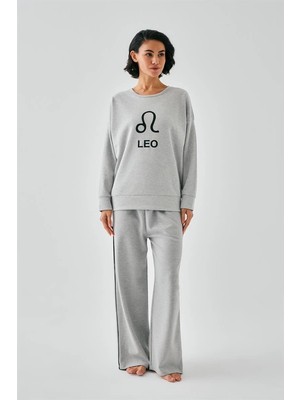 Moda Kadın Gri Aslan Burcu Oversize 2 Iplik Eşofman Ev Giyim Takımı