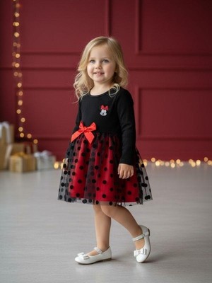 Zekids Kız Çocuk Pamuklu Puantiyeli Tütülü Uzun Kollu Elbise