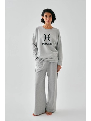 Moda Kadın Gri Balık Burcu Oversize 2 Iplik Eşofman Ev Giyim Takımı