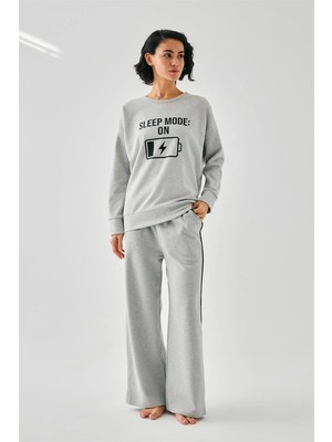 Moda Kadın Gri Sleep Mode On Oversize 2 Iplik Eşofman Ev Giyim Takımı