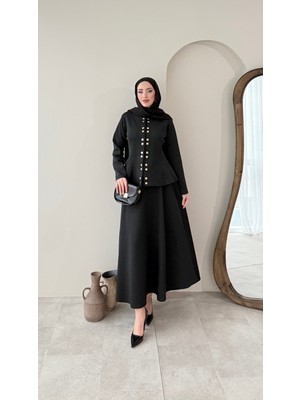 Miraydin Butik Düğme Detaylı Etekli Scuba Takım - Siyah